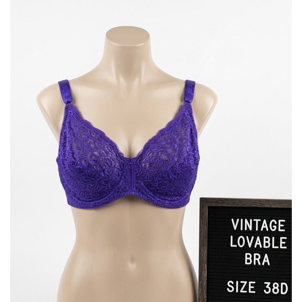 Vintage LOVABLE 38D Bra Royal Purple Satin Lace Trim Style 3444D Sheer Support